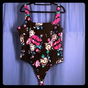 NEVER WORN Floral Square Neck Thong Bodysuit